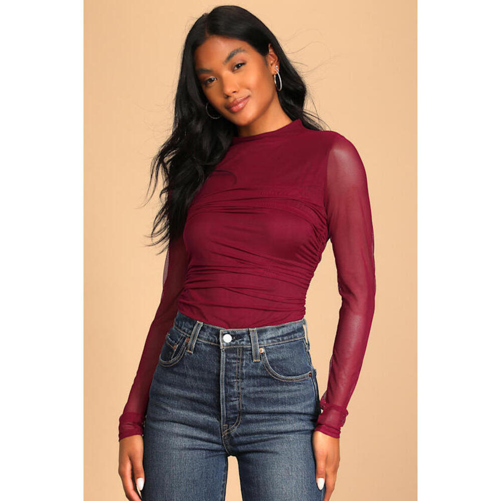 Lulus We Mesh Well Wine Red Ruched Mesh Long Sleeve Bodysuit - Size M